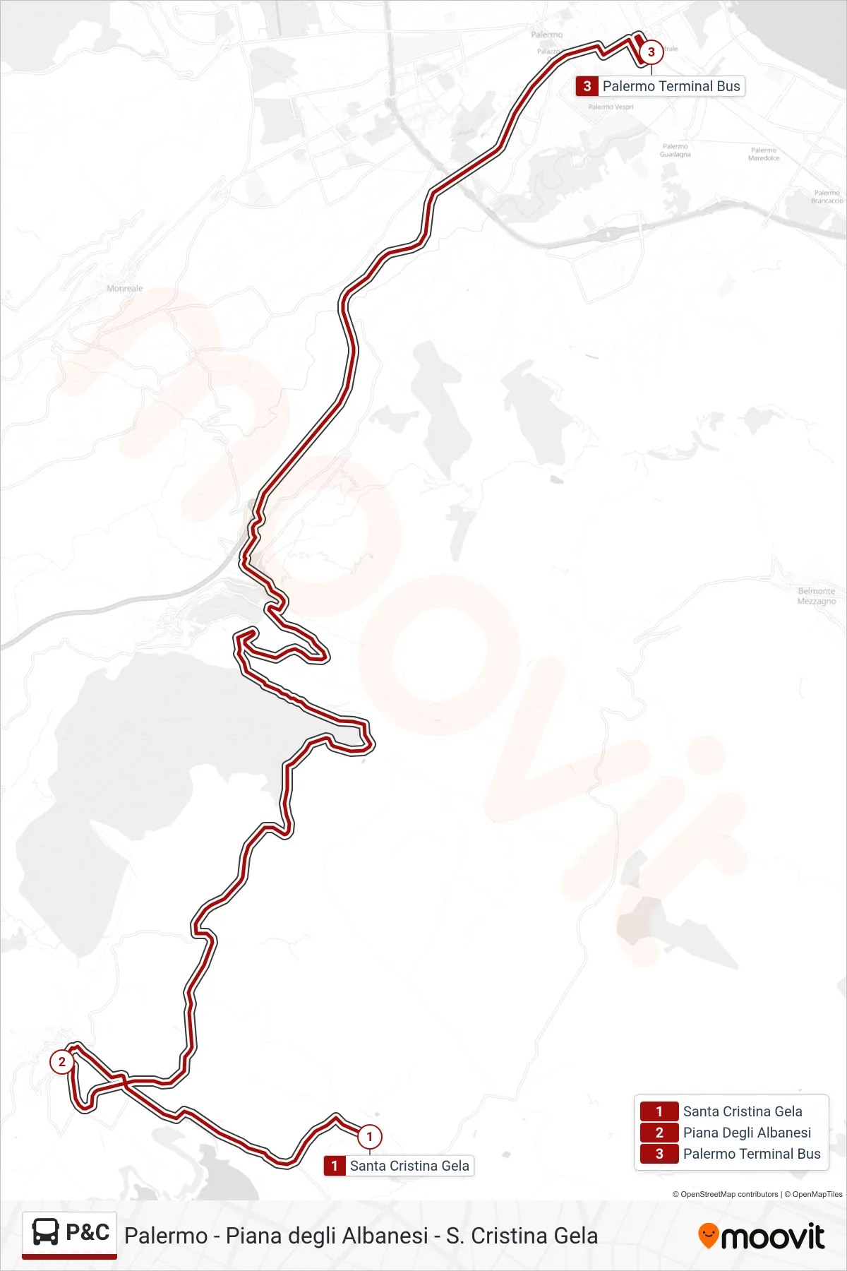 Linea P&C bus (Palermo) - Percorsi e fermate sulla mappa