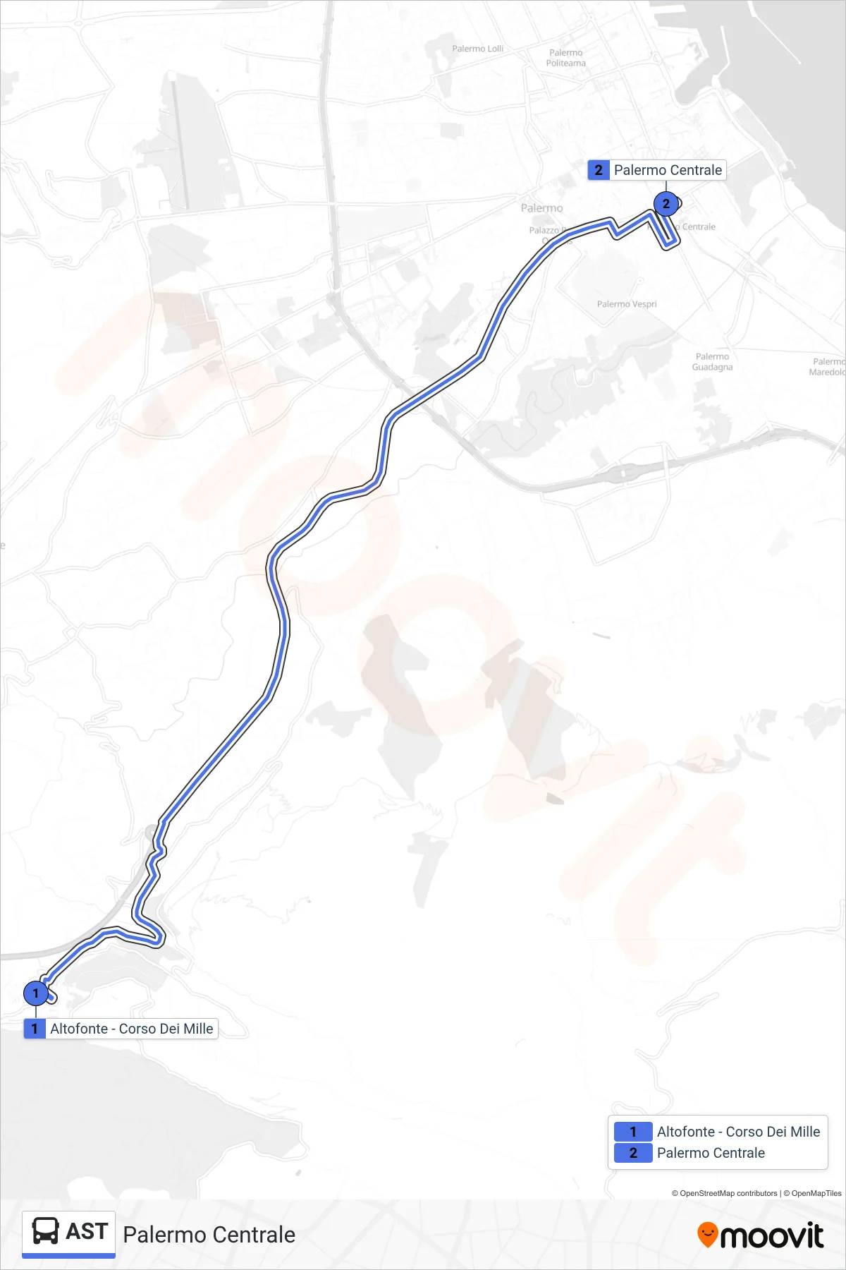 Linea AST  tram (Palermo Centrale) - Percorsi e fermate sulla mappa