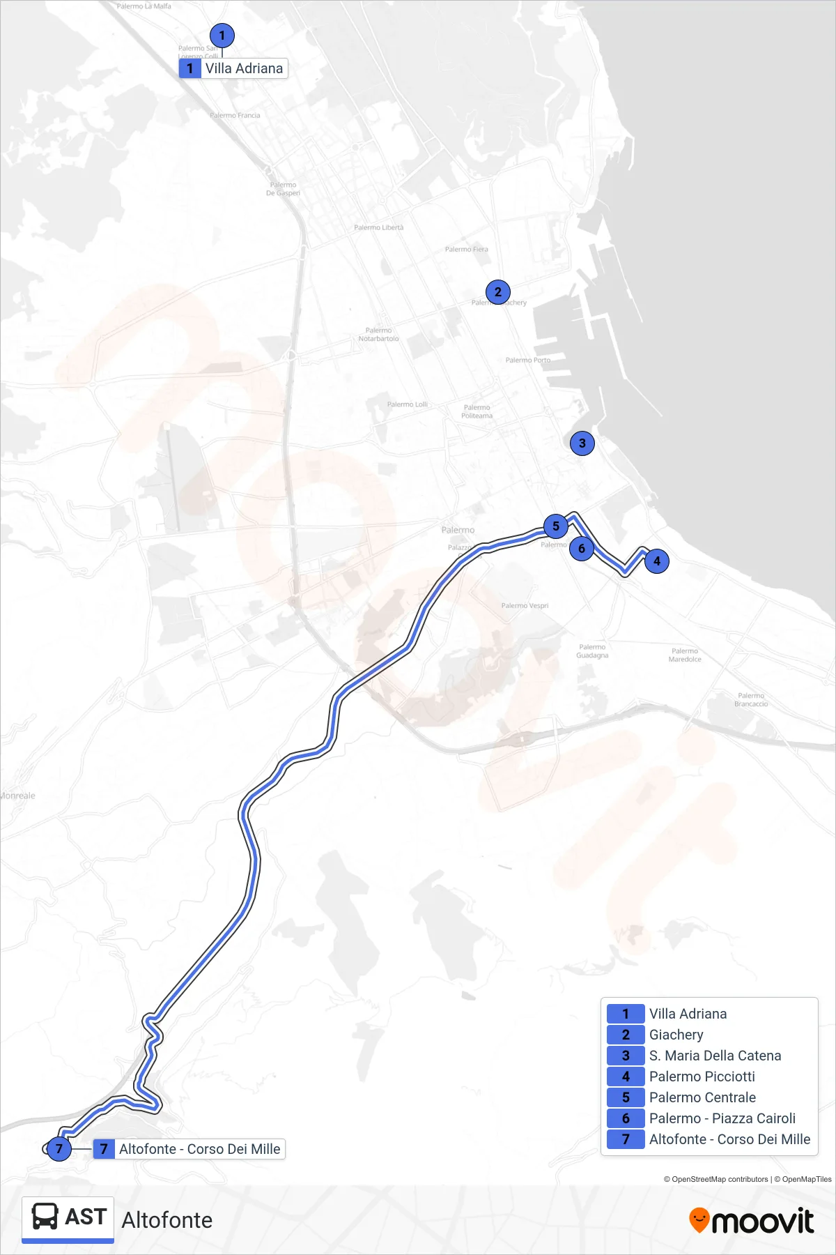 Linea AST tram (Altofonte) - Percorsi e fermate sulla mappa