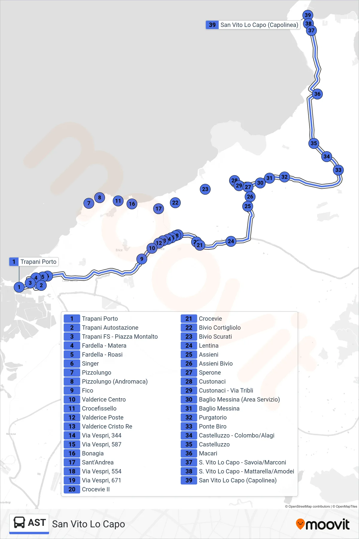Linea AST tram (San Vito Lo Capo) - Percorsi e fermate sulla mappa