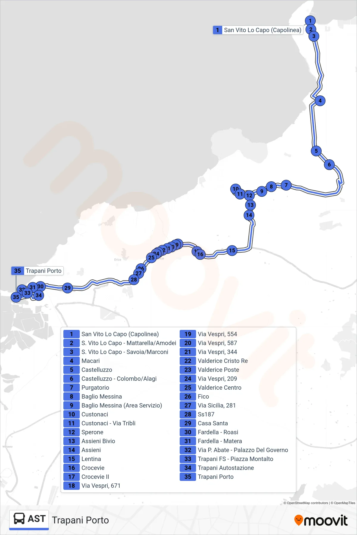 Linea AST  tram (Trapani Porto) - Percorsi e fermate sulla mappa