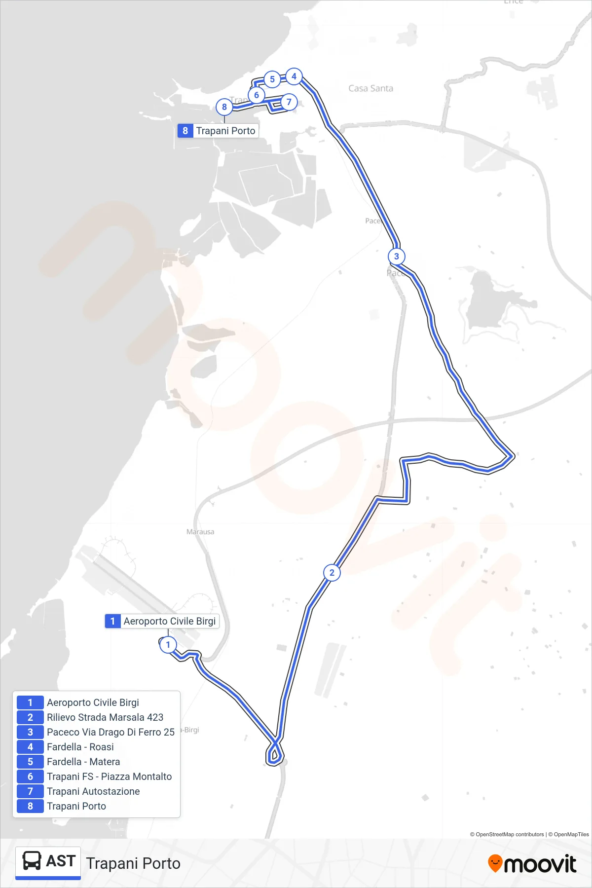 Linea AST  tram (Trapani Porto) - Percorsi e fermate sulla mappa