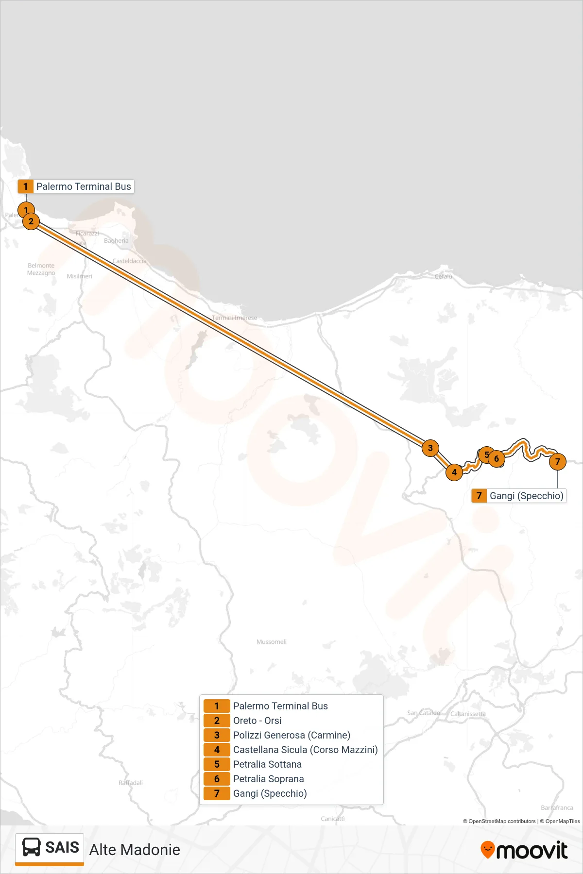 Linea SAIS  tram (Alte Madonie) - Percorsi e fermate sulla mappa