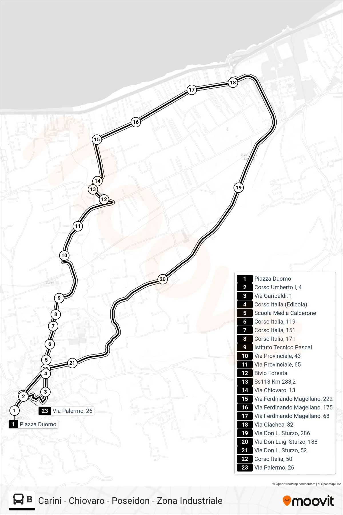 Linea B  bus (Chiovaro - Poseidon - Zona Industriale) - Percorsi e fermate sulla mappa