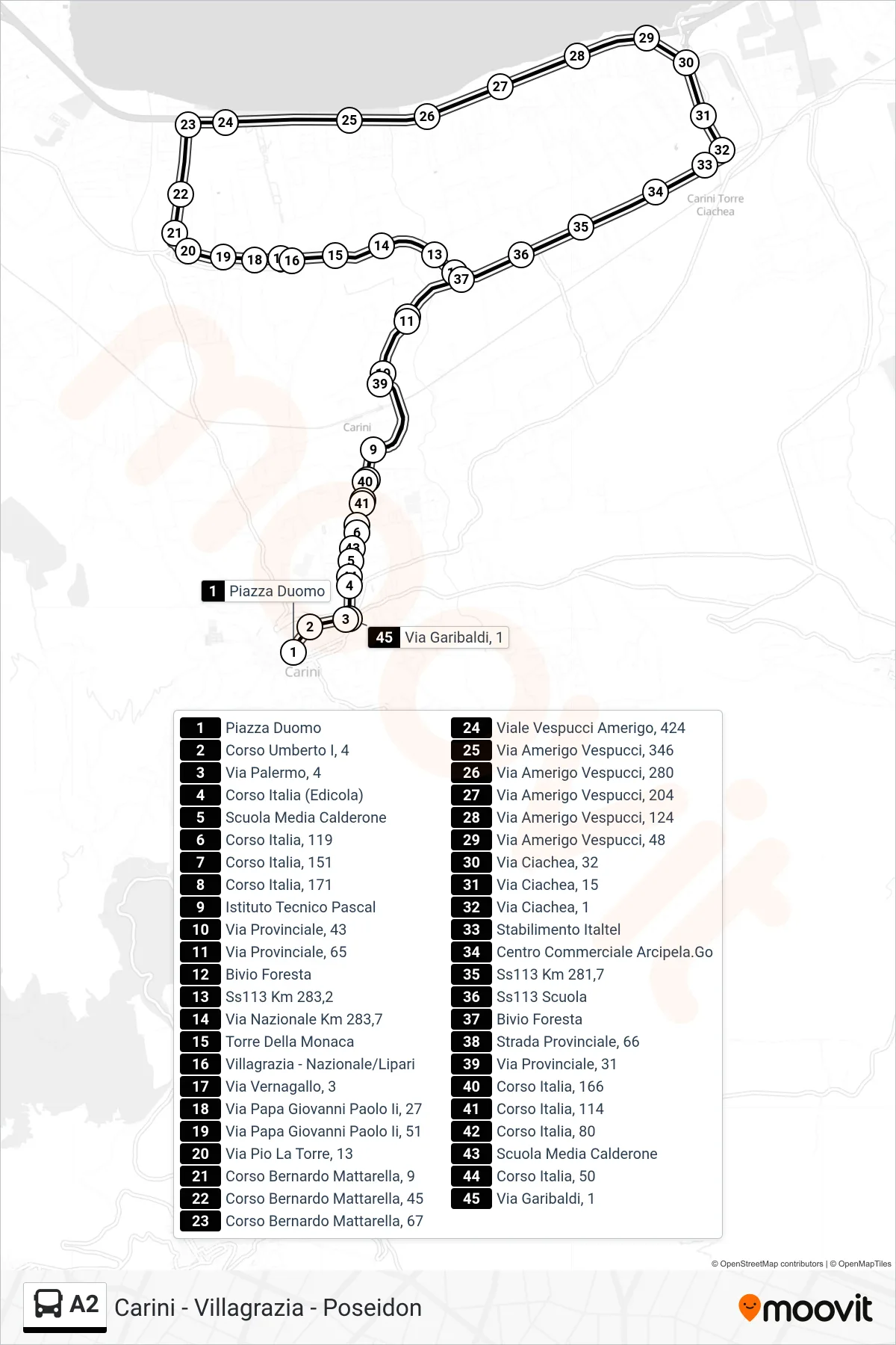 Linea A2 bus (Villagrazia - Poseidon) - Percorsi e fermate sulla mappa