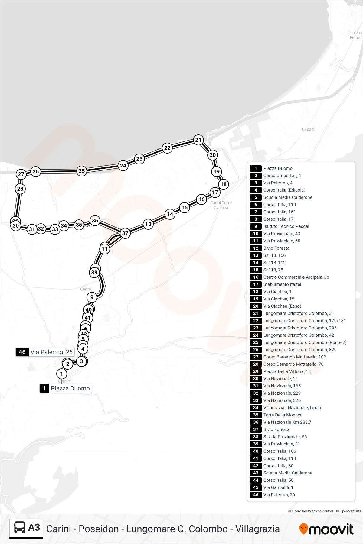 Linea A3  bus (Poseidon - Lungomare C. Colombo - Villagrazia) - Percorsi e fermate sulla mappa