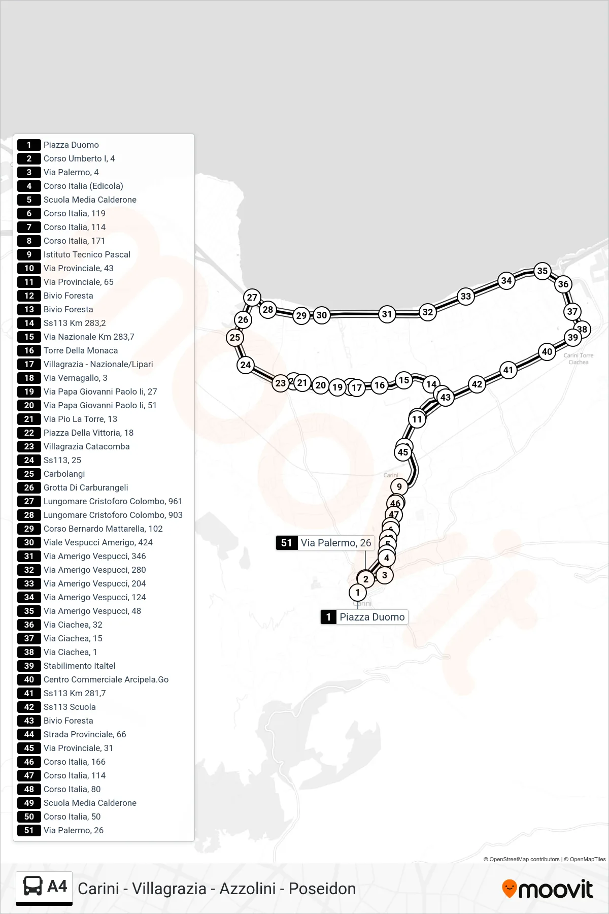 Linea A4 bus (Villagrazia - Azzolini - Poseidon) - Percorsi e fermate sulla mappa