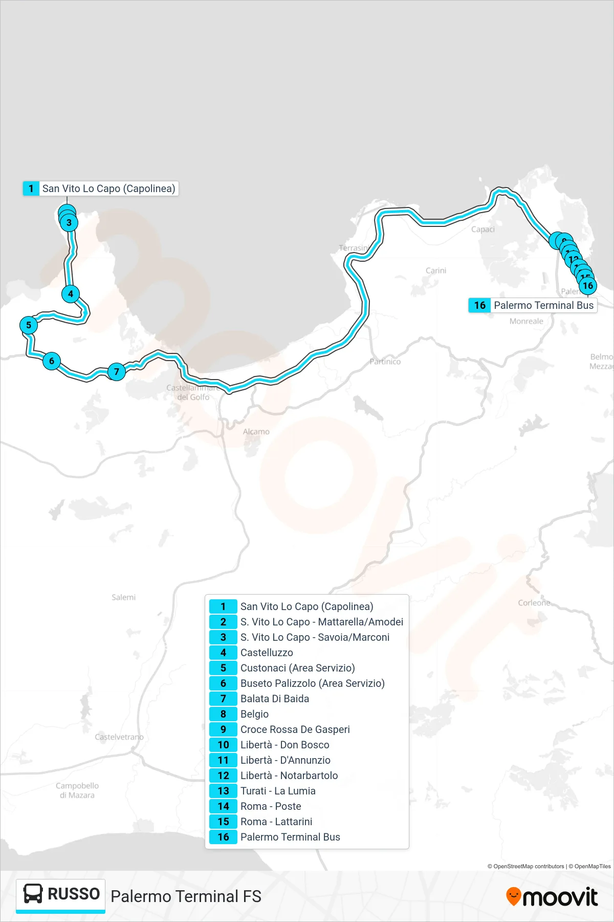 Linea RUSSO  bus (Palermo Terminal FS) - Percorsi e fermate sulla mappa