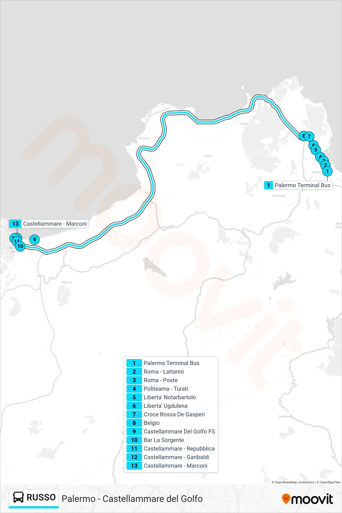 RUSSO bus Line (Castellammare Del Golfo) route and stops on a map