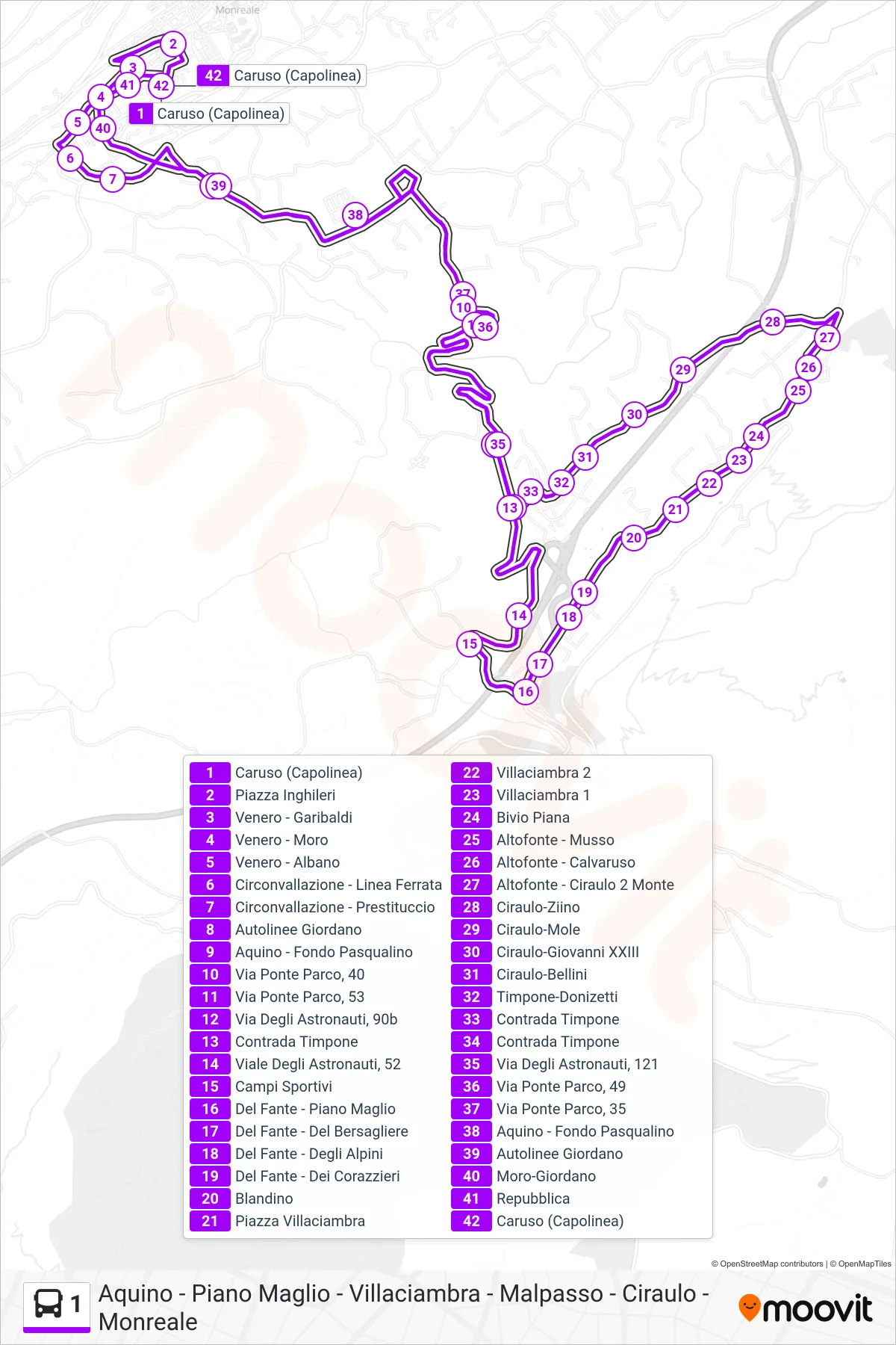 Linea 1  bus (Aquino - Piano Maglio - Villaciambra - Malpasso - Ciraulo - Monreale) - Percorsi e fermate sulla mappa