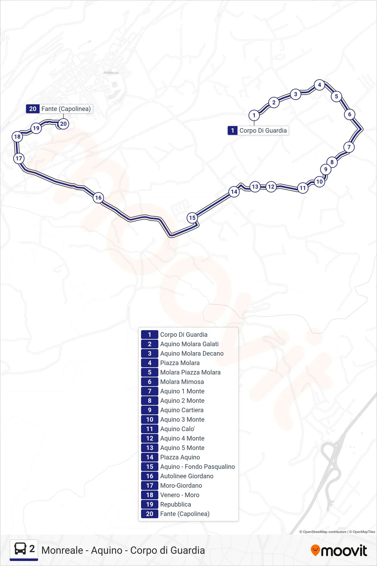 Linea 2 bus (Monreale (Fante)) - Percorsi e fermate sulla mappa