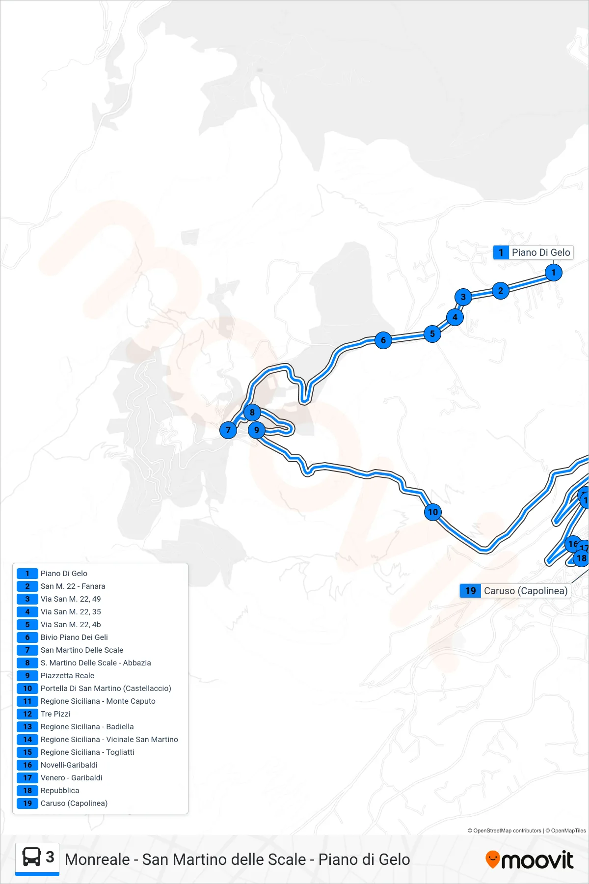 Linea 3 bus (Monreale (Caruso)) - Percorsi e fermate sulla mappa