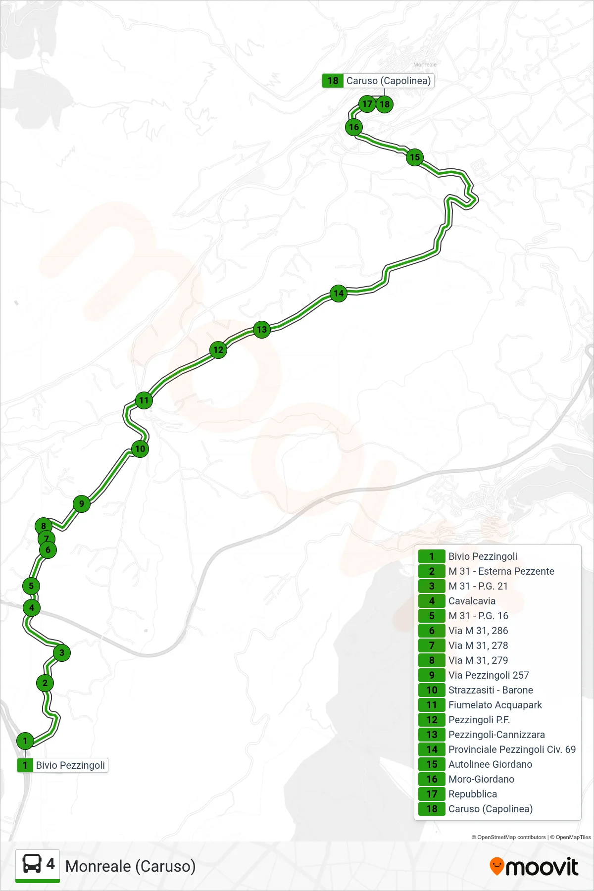 Linea 4  bus (Monreale (Caruso)) - Percorsi e fermate sulla mappa