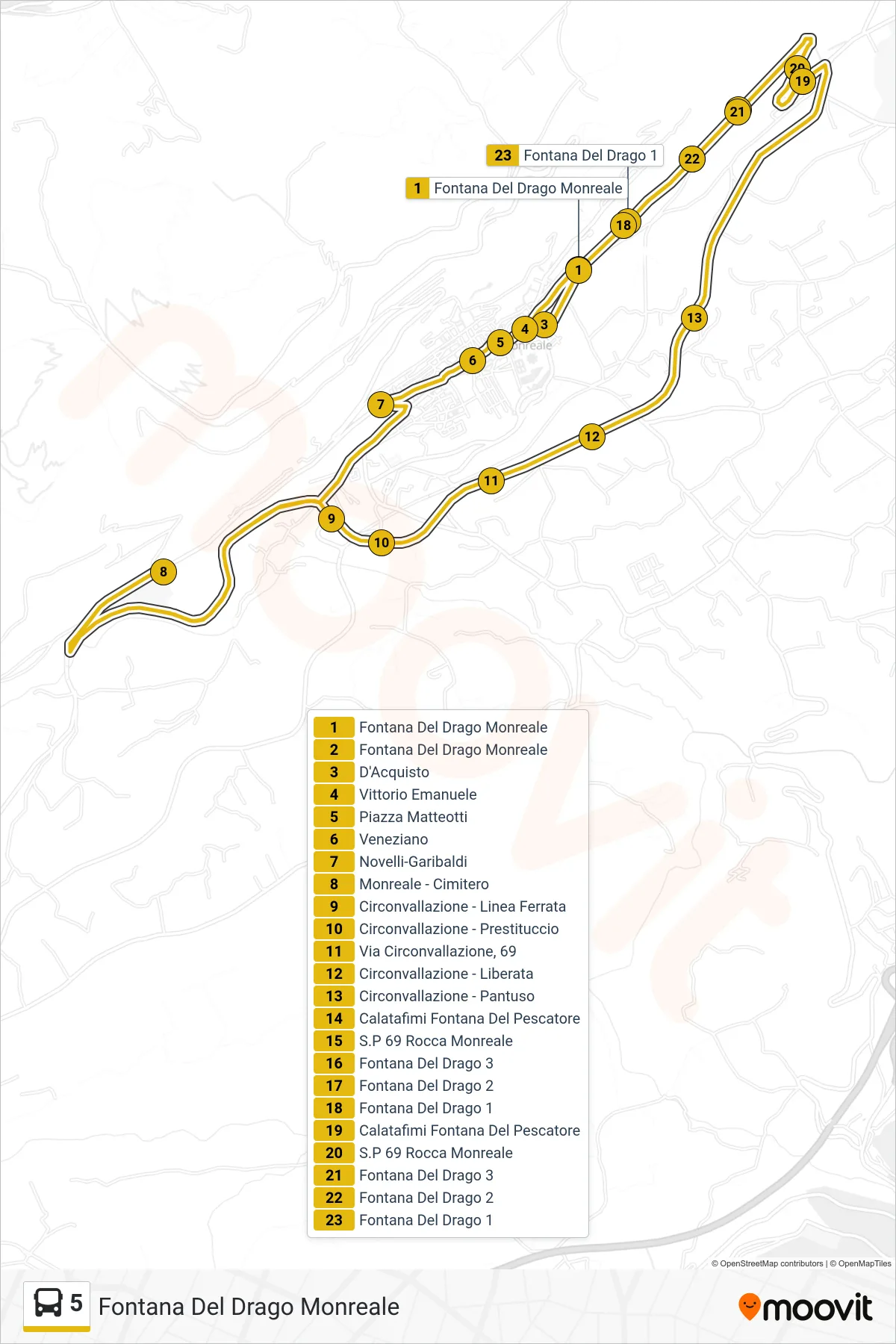 Linea 5 bus (Fontana Del Drago Monreale) - Percorsi e fermate sulla mappa