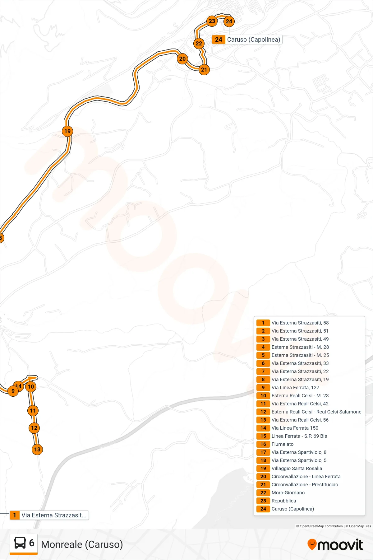 Linea 6 bus (Monreale (Caruso)) - Percorsi e fermate sulla mappa