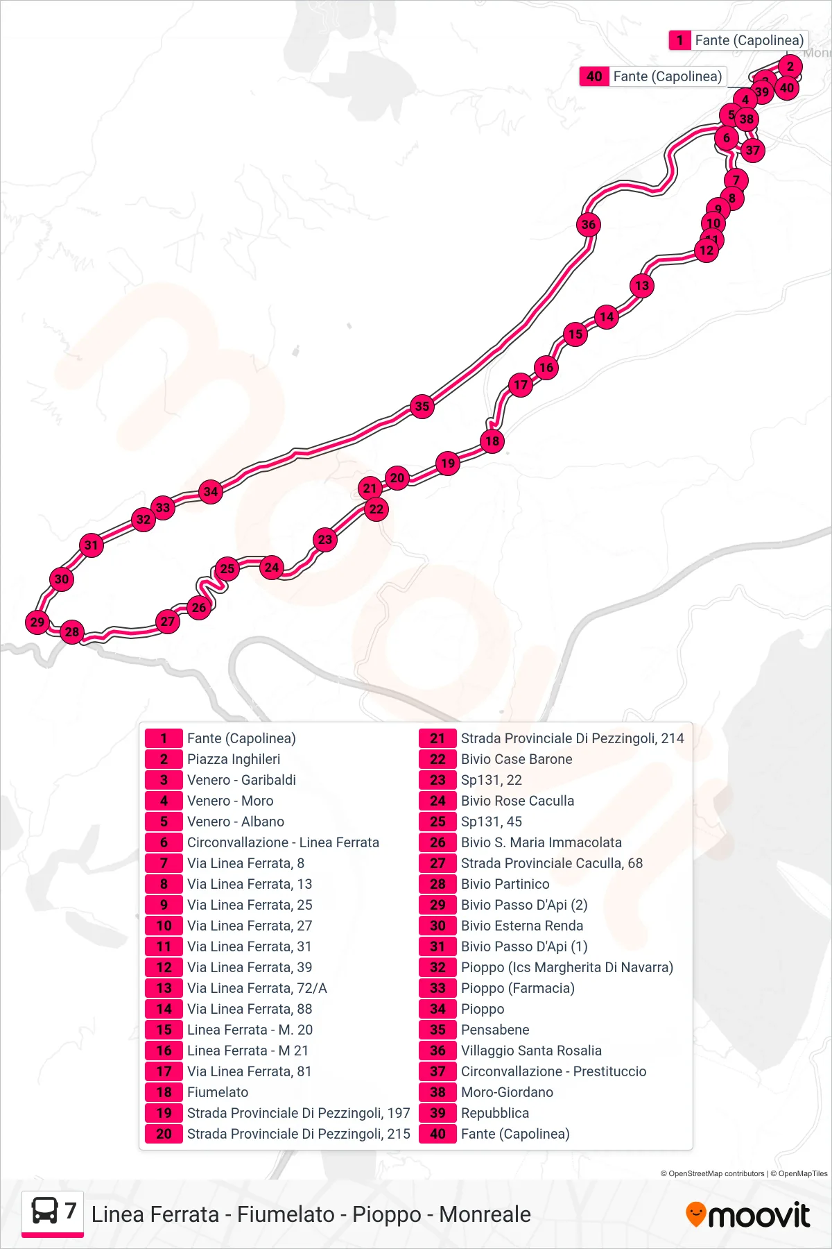 Linea 7 bus (Linea Ferrata - Fiumelato - Pioppo - Monreale) - Percorsi e fermate sulla mappa