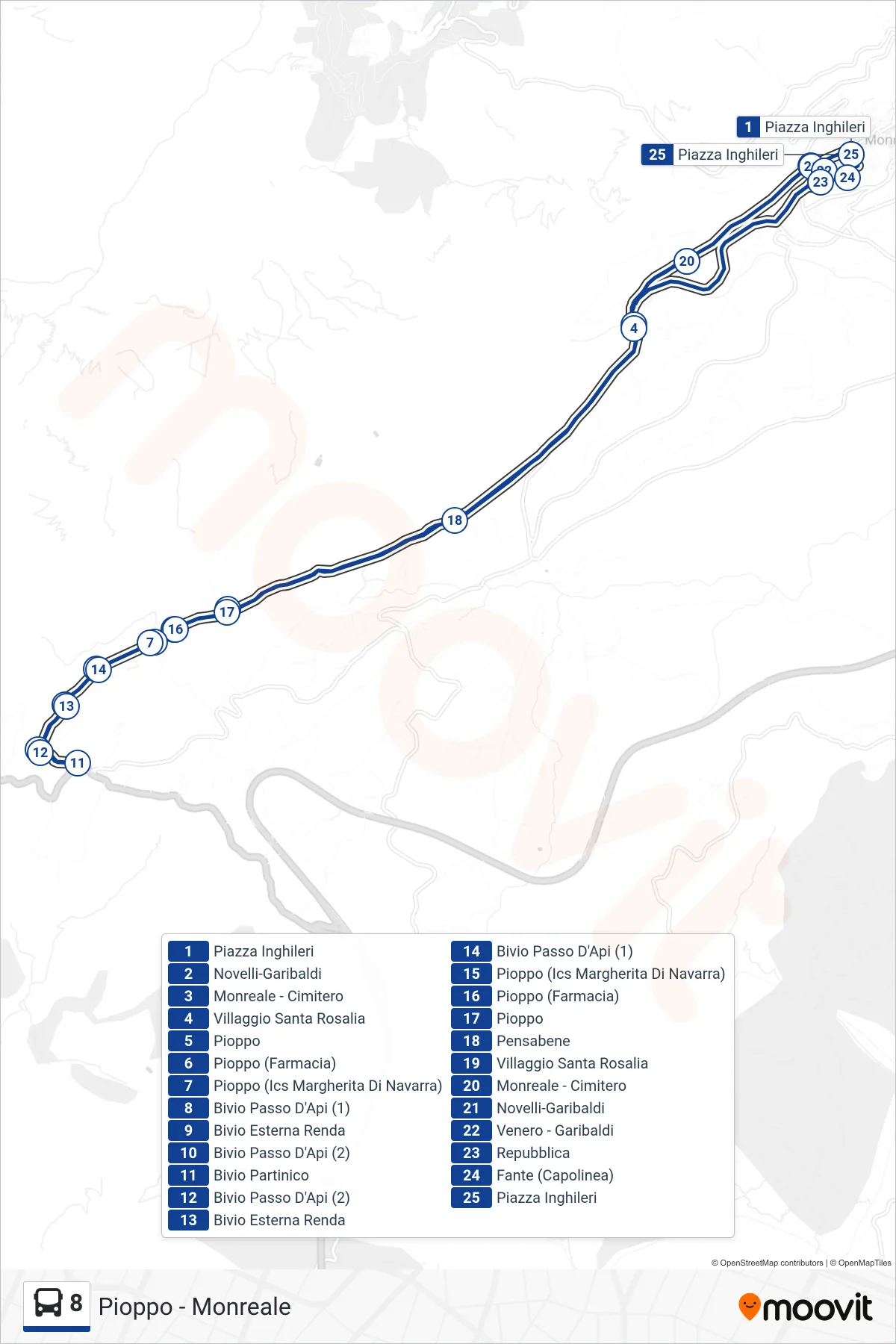 Linea 8  bus (Pioppo - Monreale) - Percorsi e fermate sulla mappa
