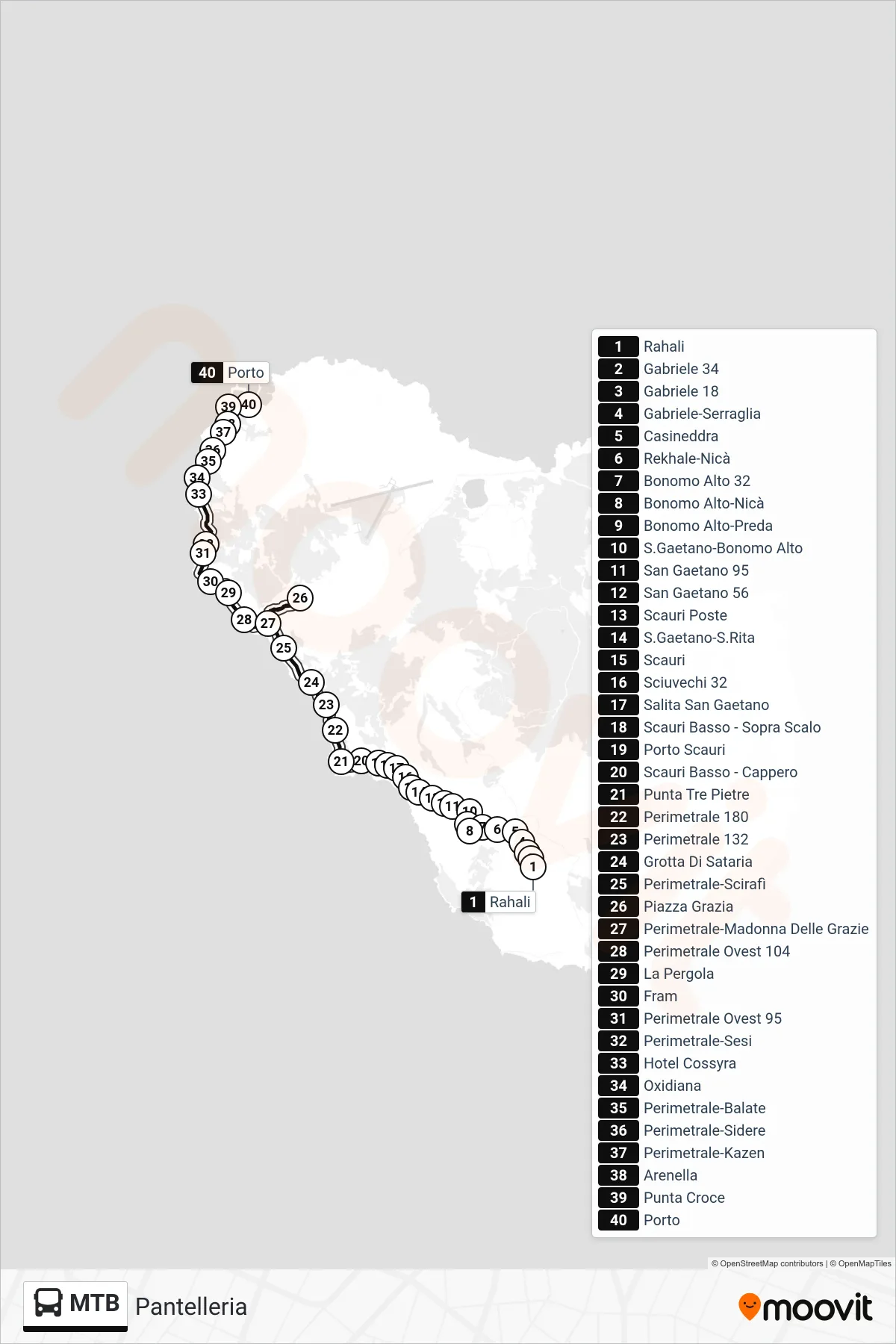 MTB bus Line (Pantelleria) route and stops on a map