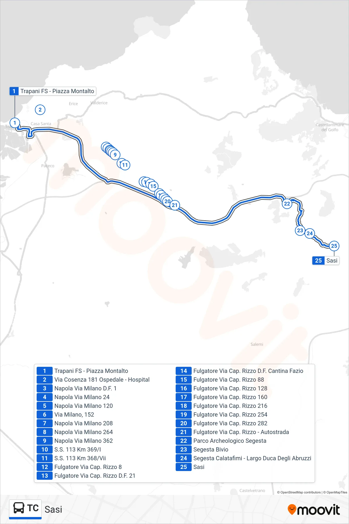 Linea TC bus (Sasi) - Percorsi e fermate sulla mappa