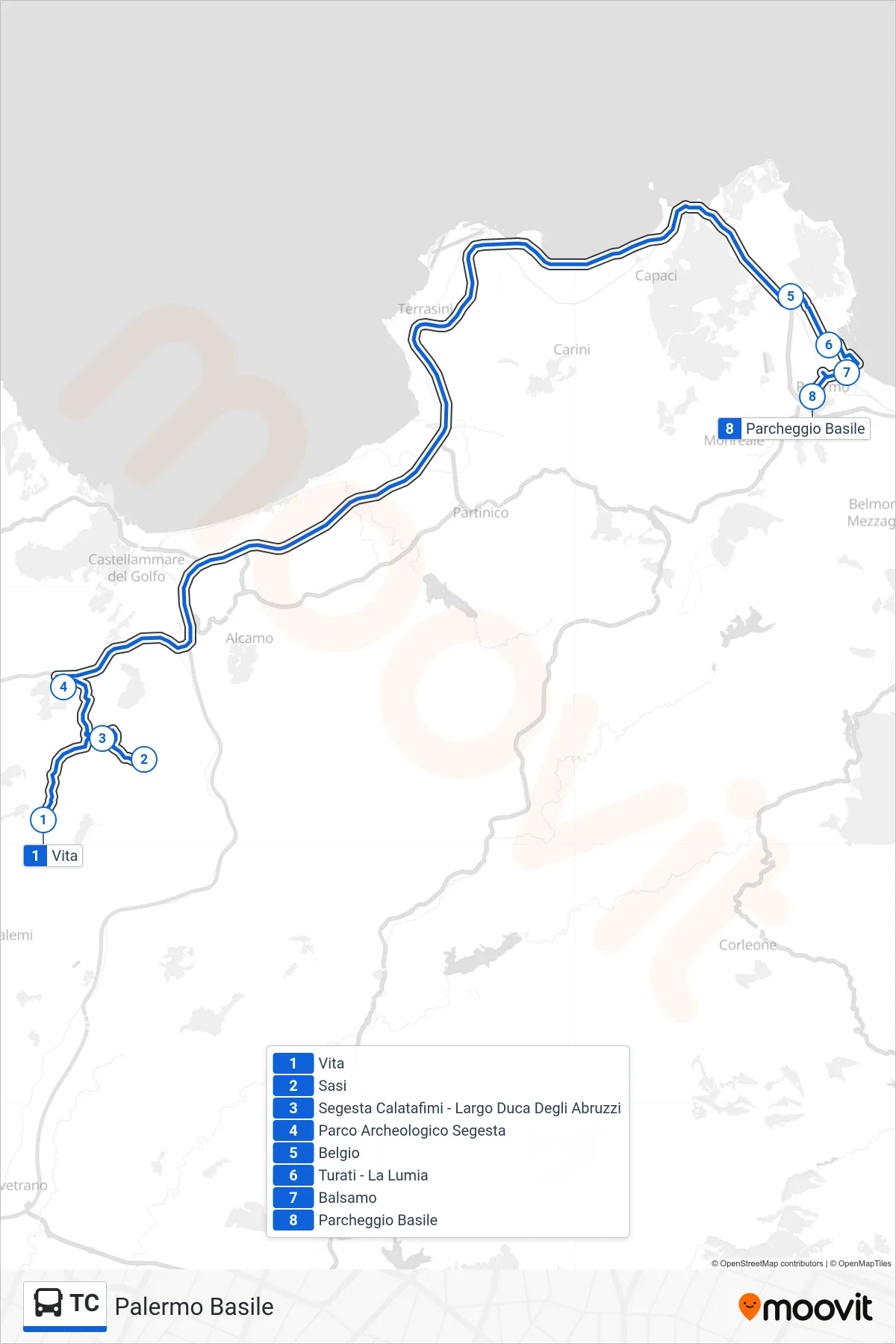 Linea TC bus (Palermo Basile) - Percorsi e fermate sulla mappa