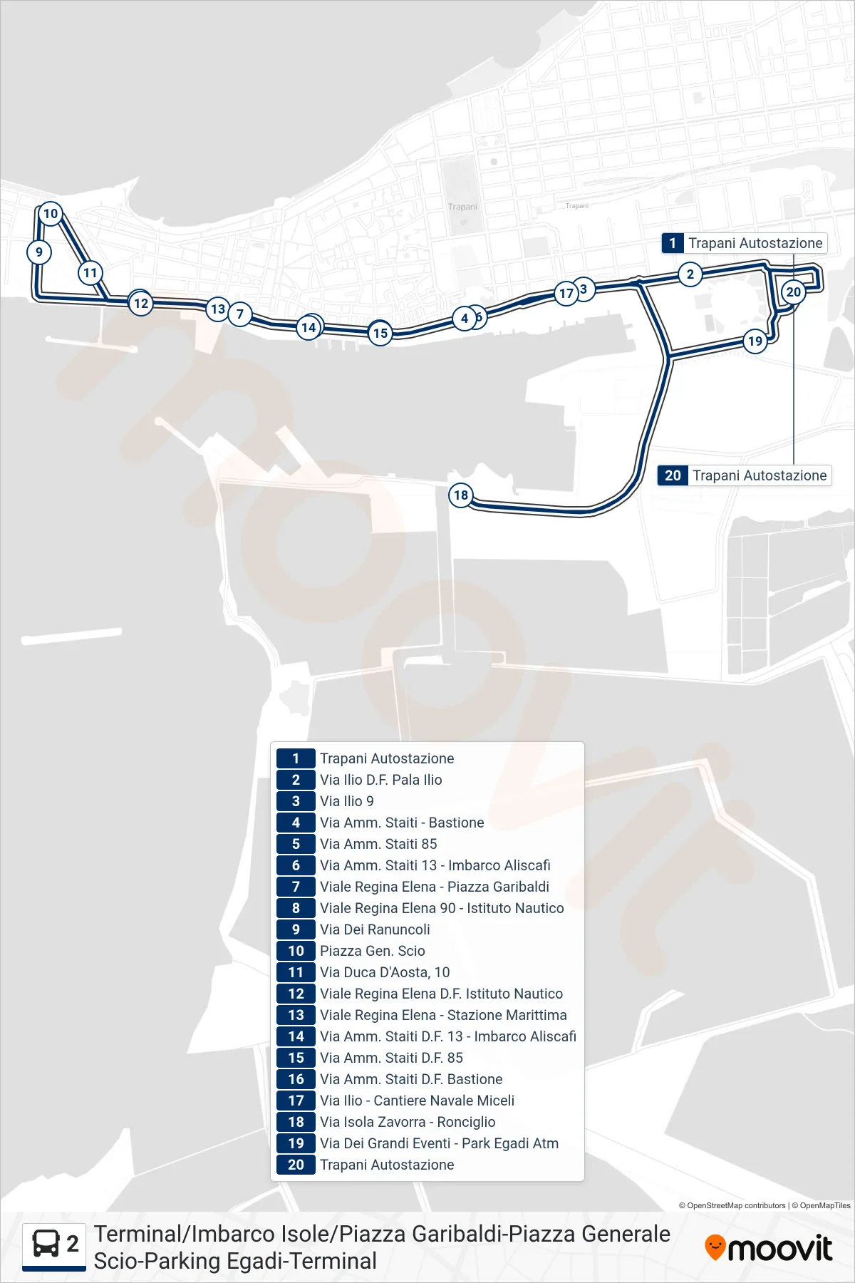 2 bus Line (2) route and stops on a map