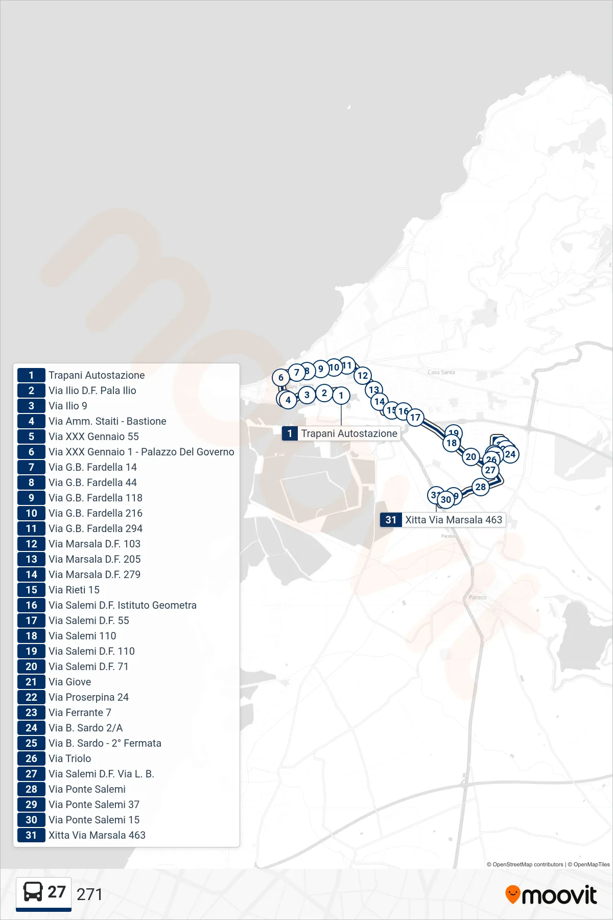 Linea 27 bus (271) - Percorsi e fermate sulla mappa