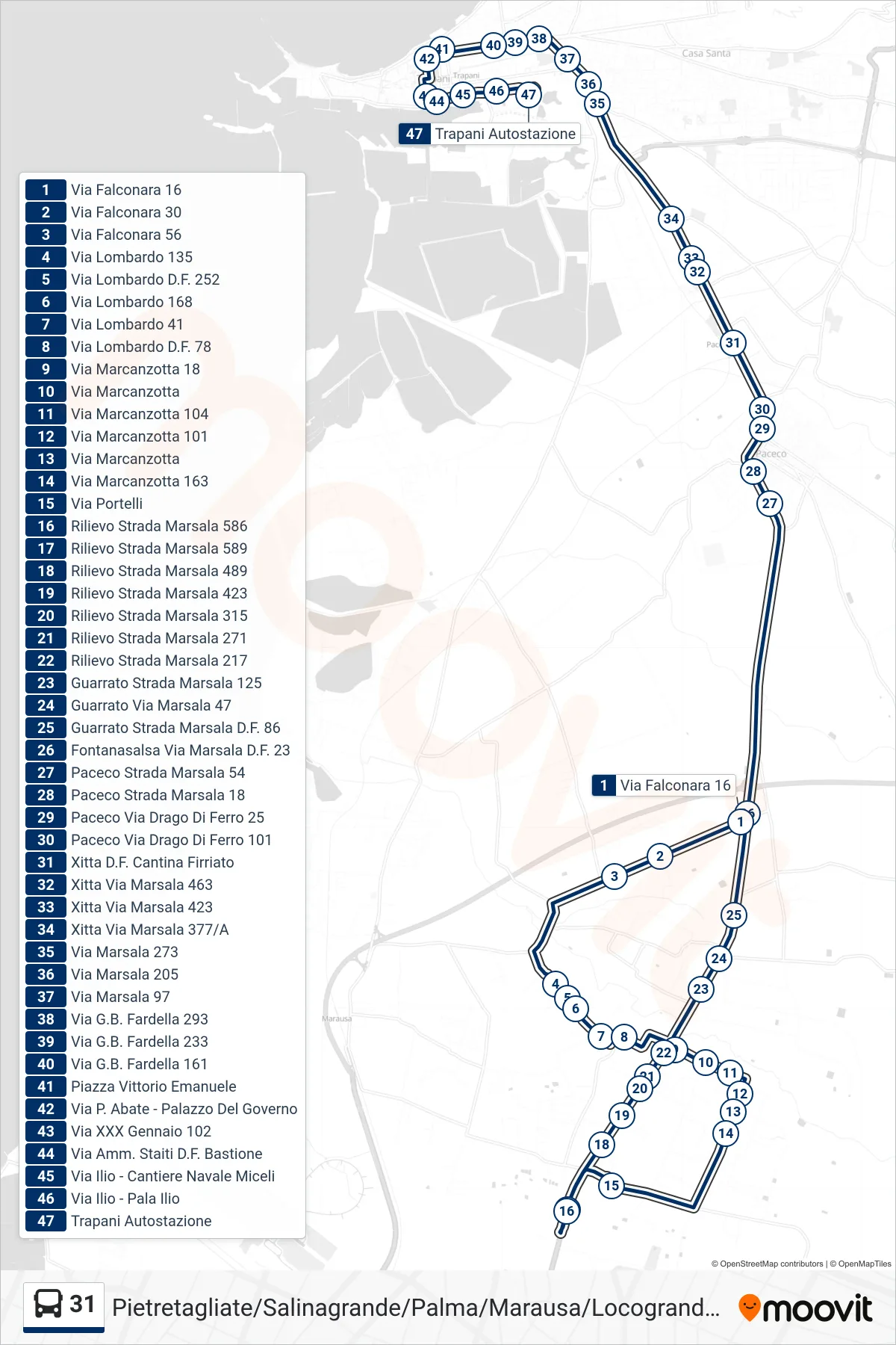 Linea 31  bus (31) - Percorsi e fermate sulla mappa