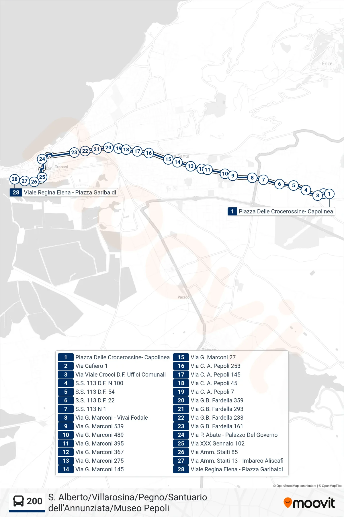 Linea 200  bus (200) - Percorsi e fermate sulla mappa