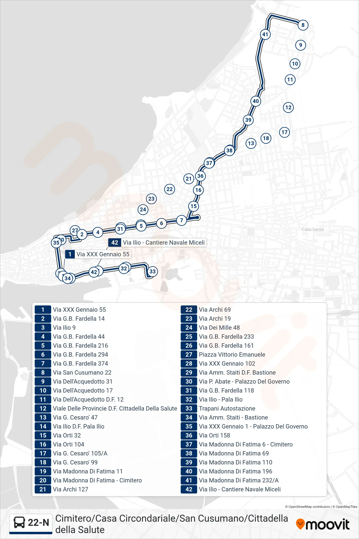 Linea 22-N bus (221) - Percorsi e fermate sulla mappa