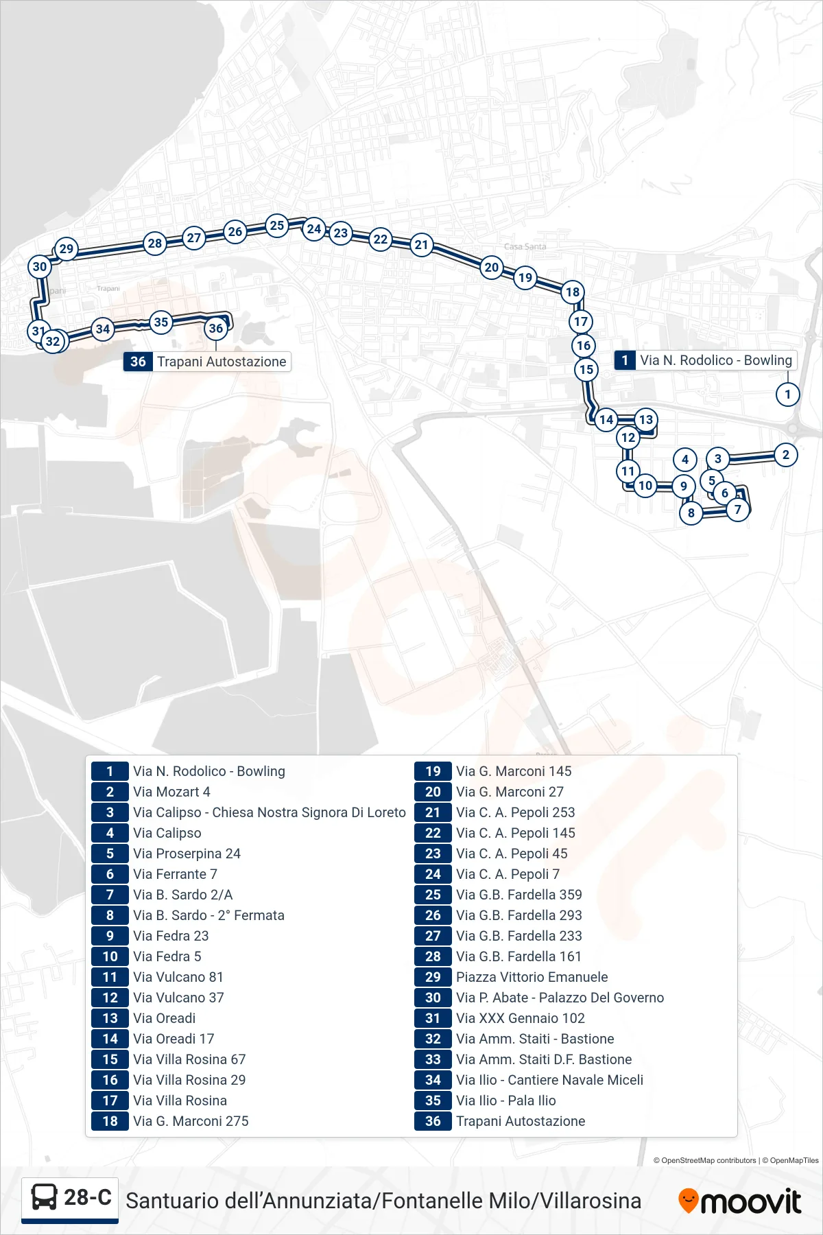 Linea 28-C bus (281) - Percorsi e fermate sulla mappa
