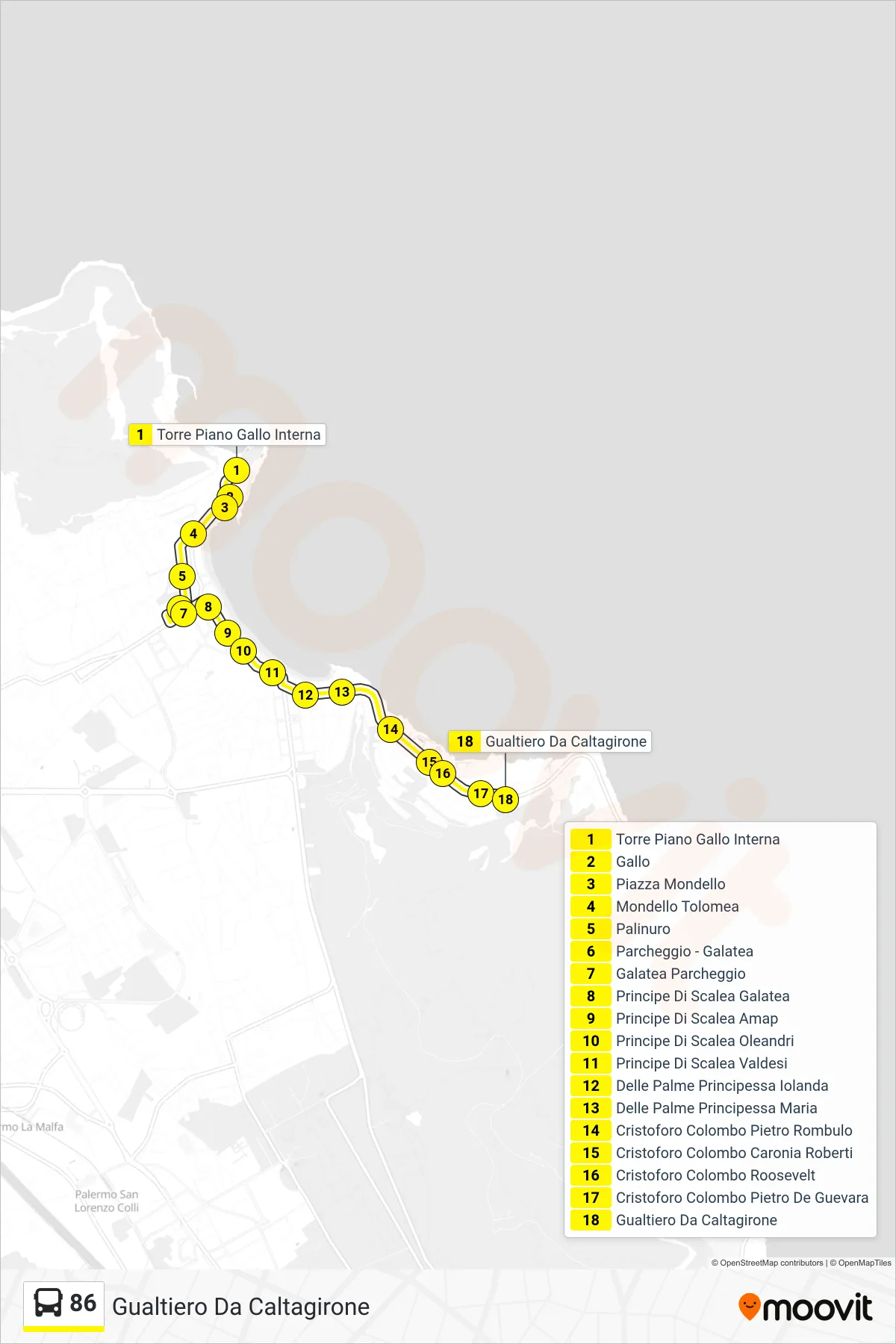 Linea 86  bus (Gualtiero Da Caltagirone) - Percorsi e fermate sulla mappa