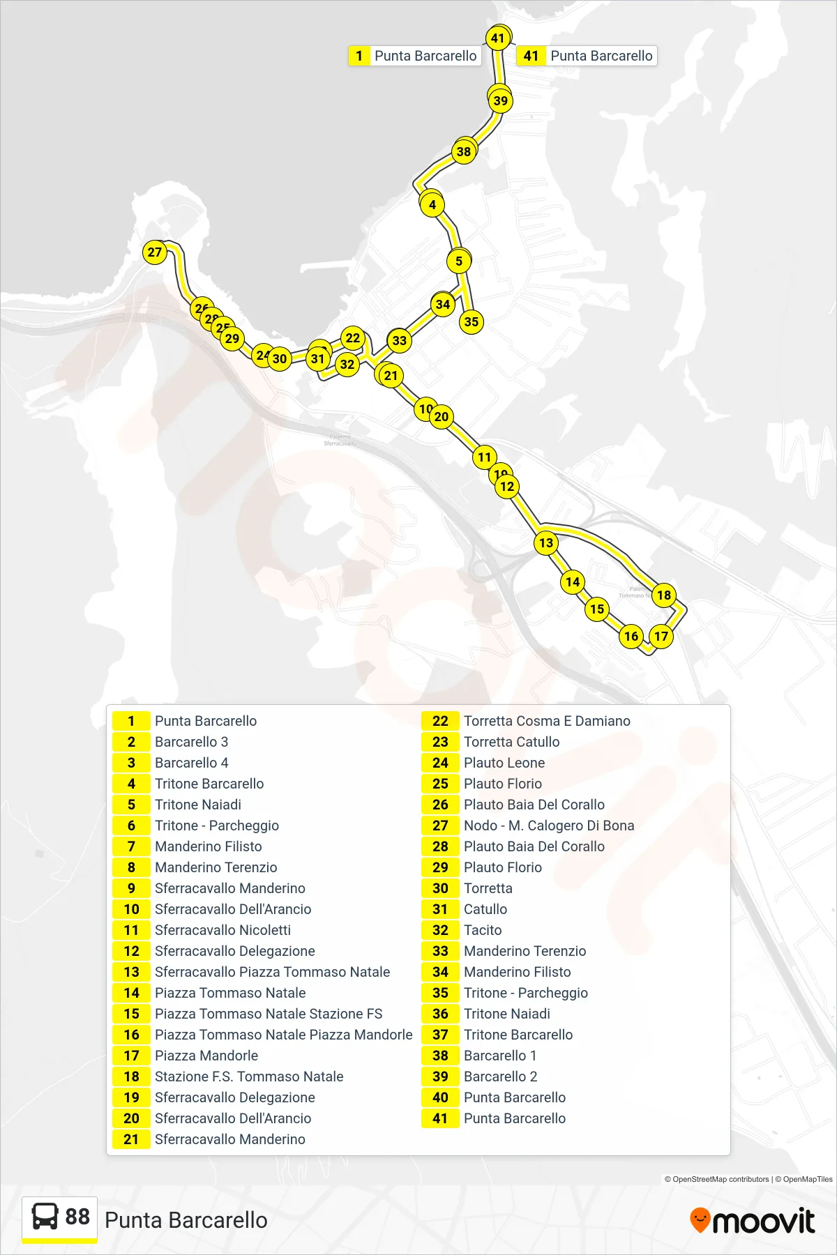 Linea 88 bus (Punta Barcarello) - Percorsi e fermate sulla mappa