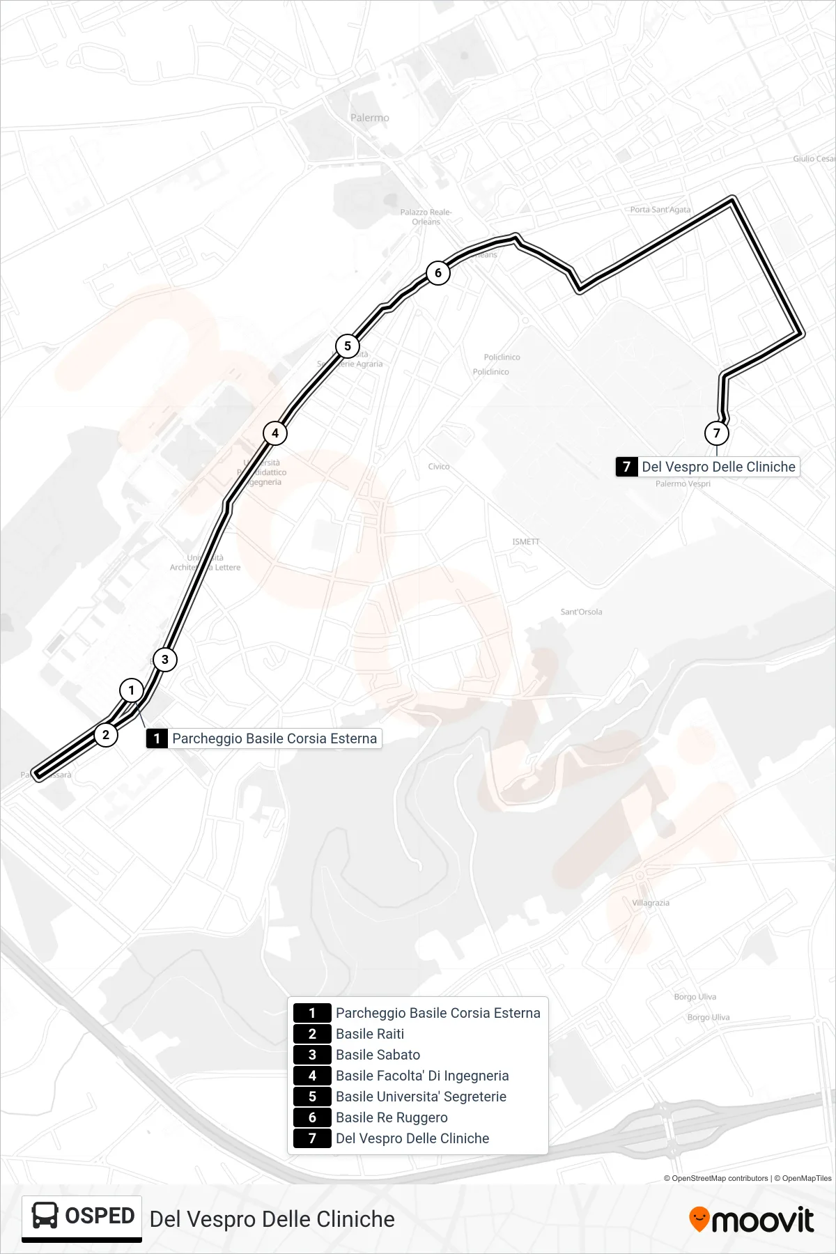 Linea OSPED bus (Del Vespro Delle Cliniche) - Percorsi e fermate sulla mappa