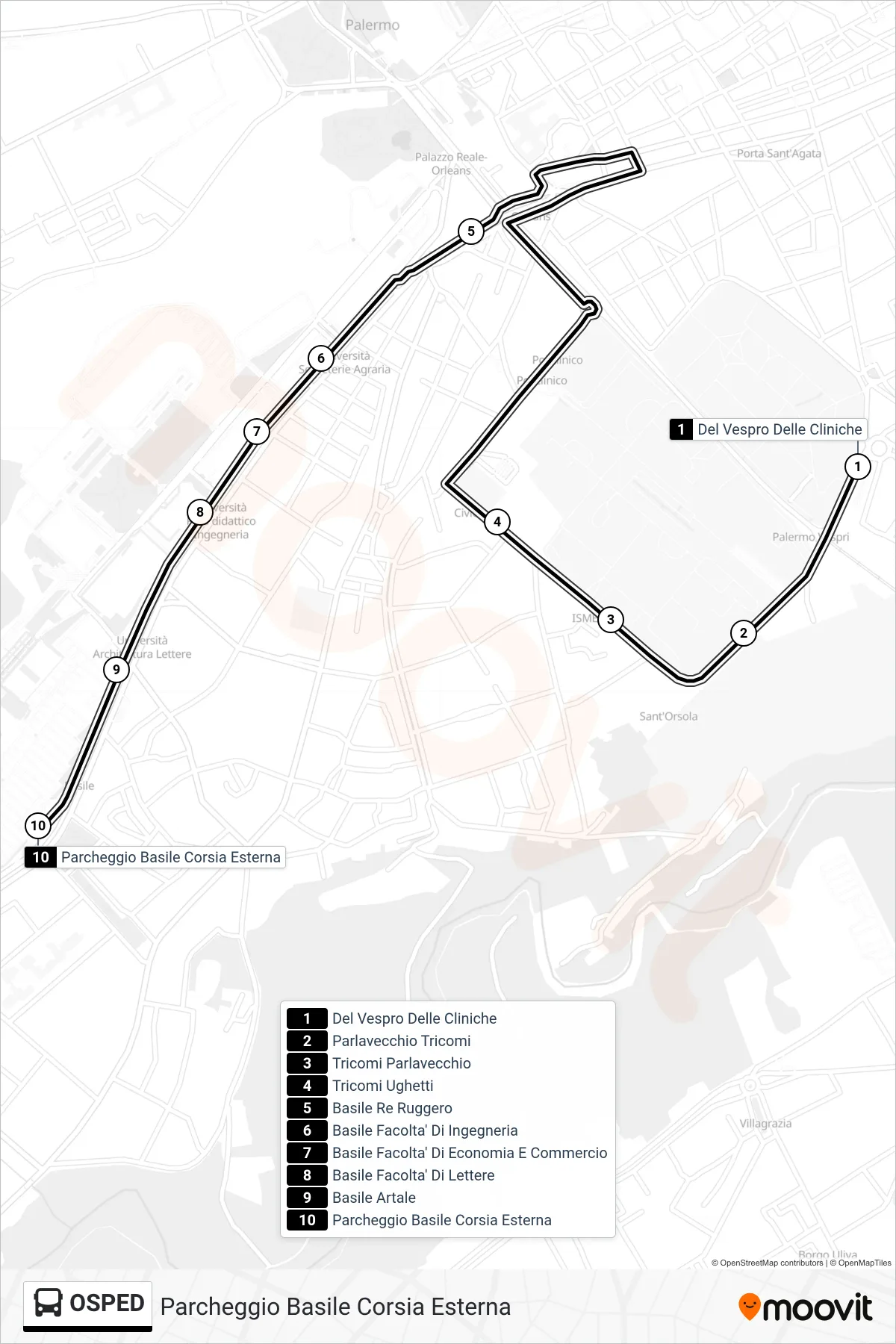 Linea OSPED bus (Parcheggio Basile Corsia Esterna) - Percorsi e fermate sulla mappa
