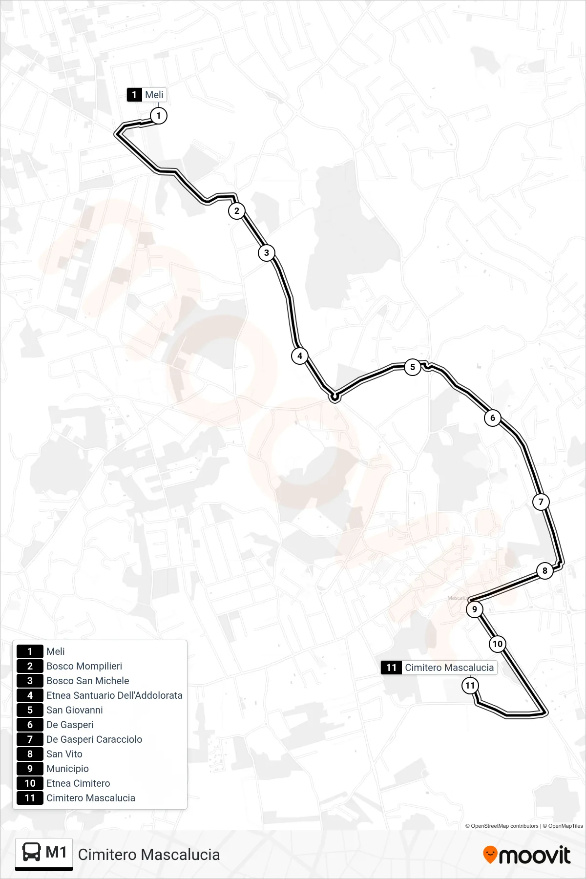 Linea M1 bus (Cimitero Mascalucia) - Percorsi e fermate sulla mappa