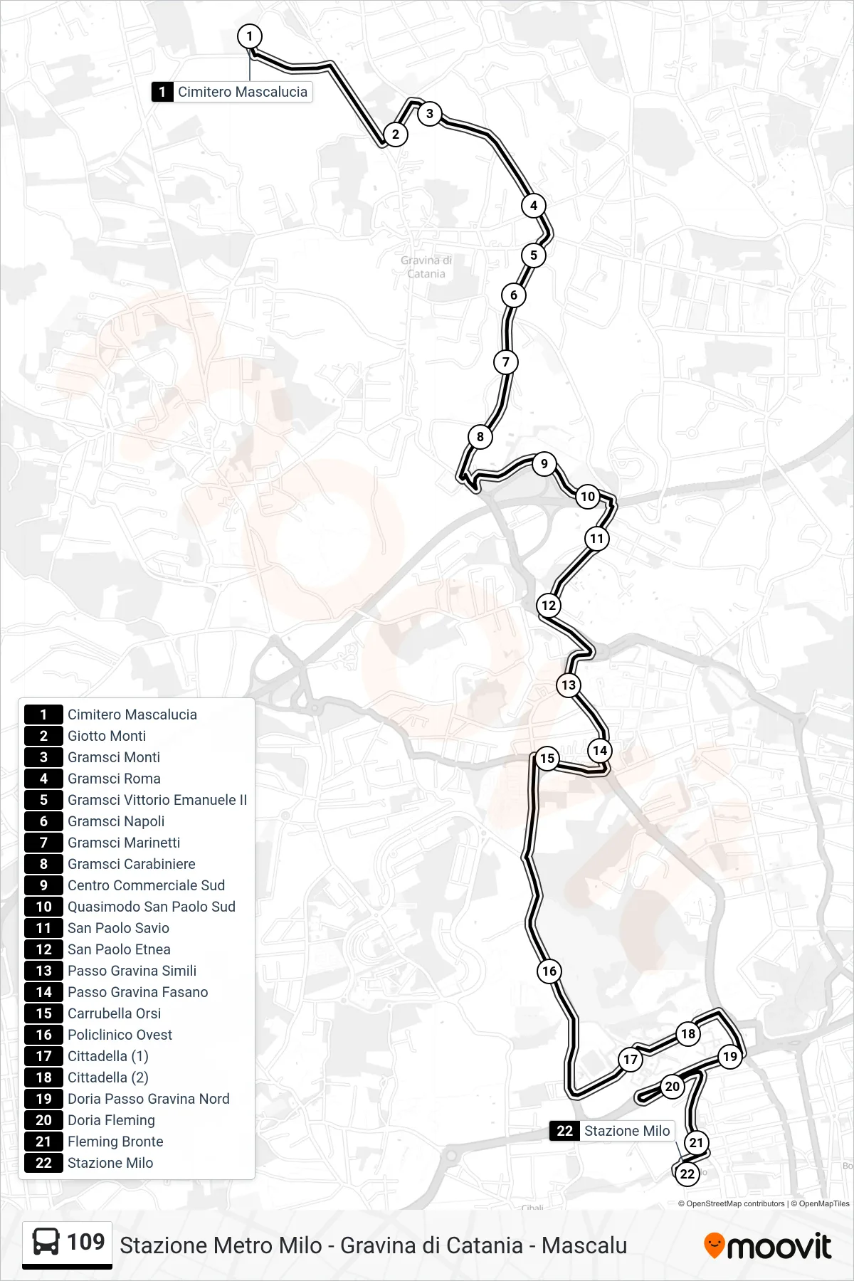 Linea 109  bus (Stazione Milo) - Percorsi e fermate sulla mappa