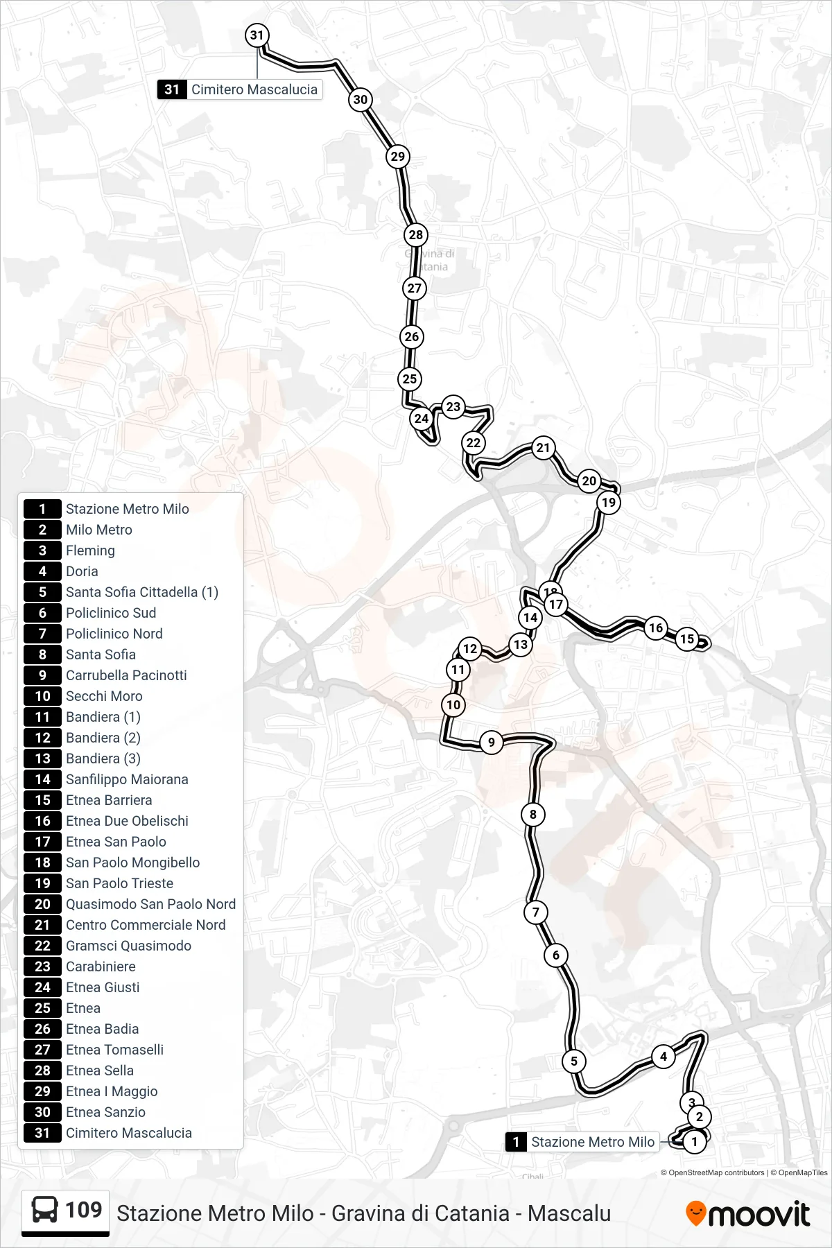 Linea 109 bus (Cimitero Mascalucia) - Percorsi e fermate sulla mappa