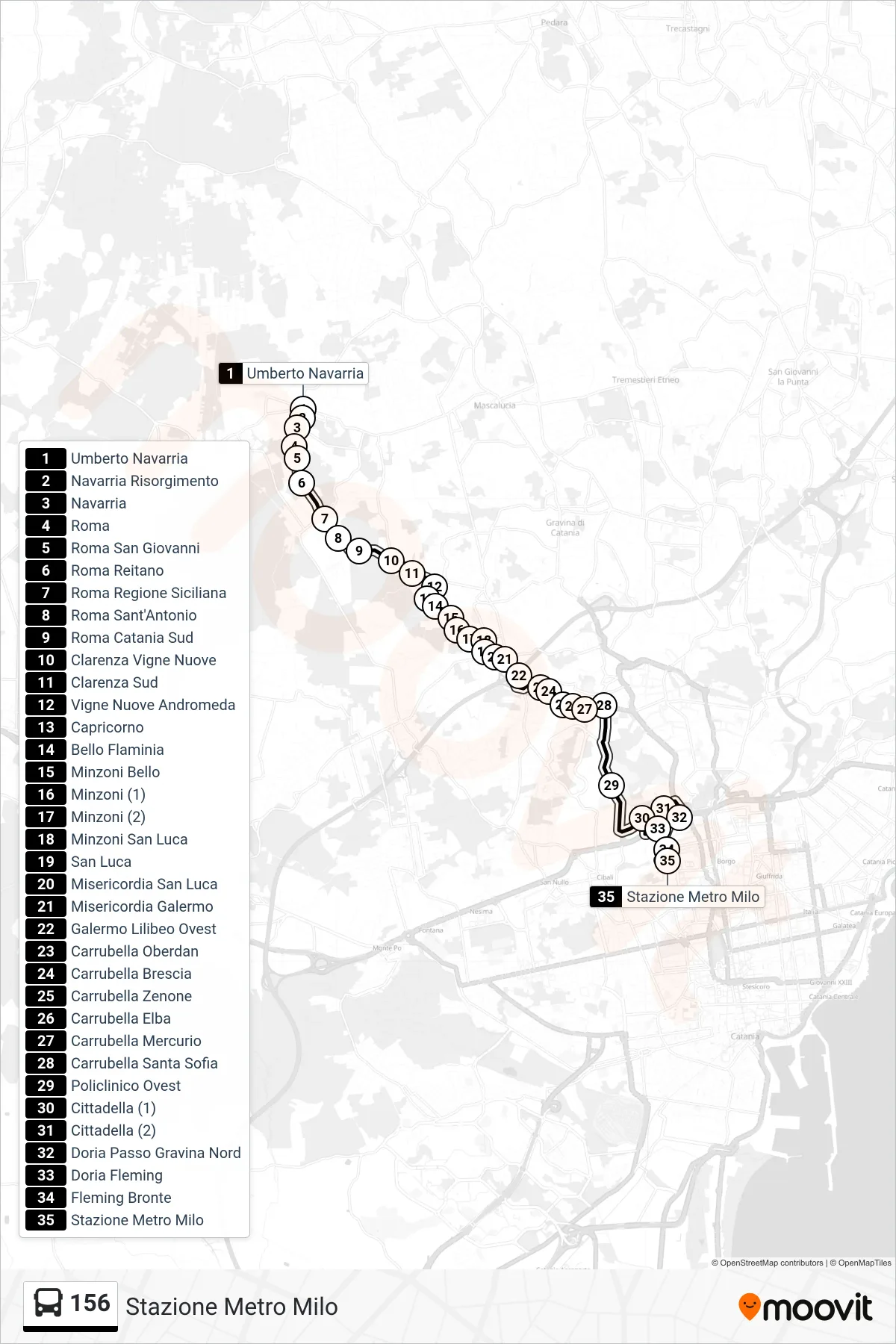 Linea 156 bus (Stazione Metro Milo) - Percorsi e fermate sulla mappa