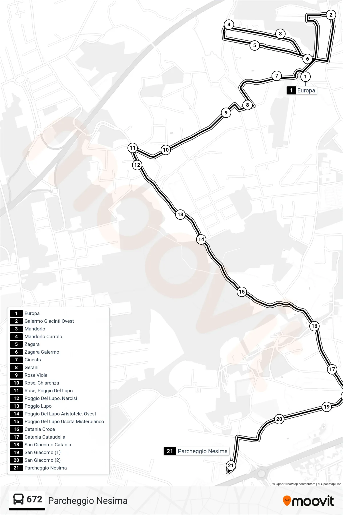 Linea 672 bus (Parcheggio Nesima) - Percorsi e fermate sulla mappa
