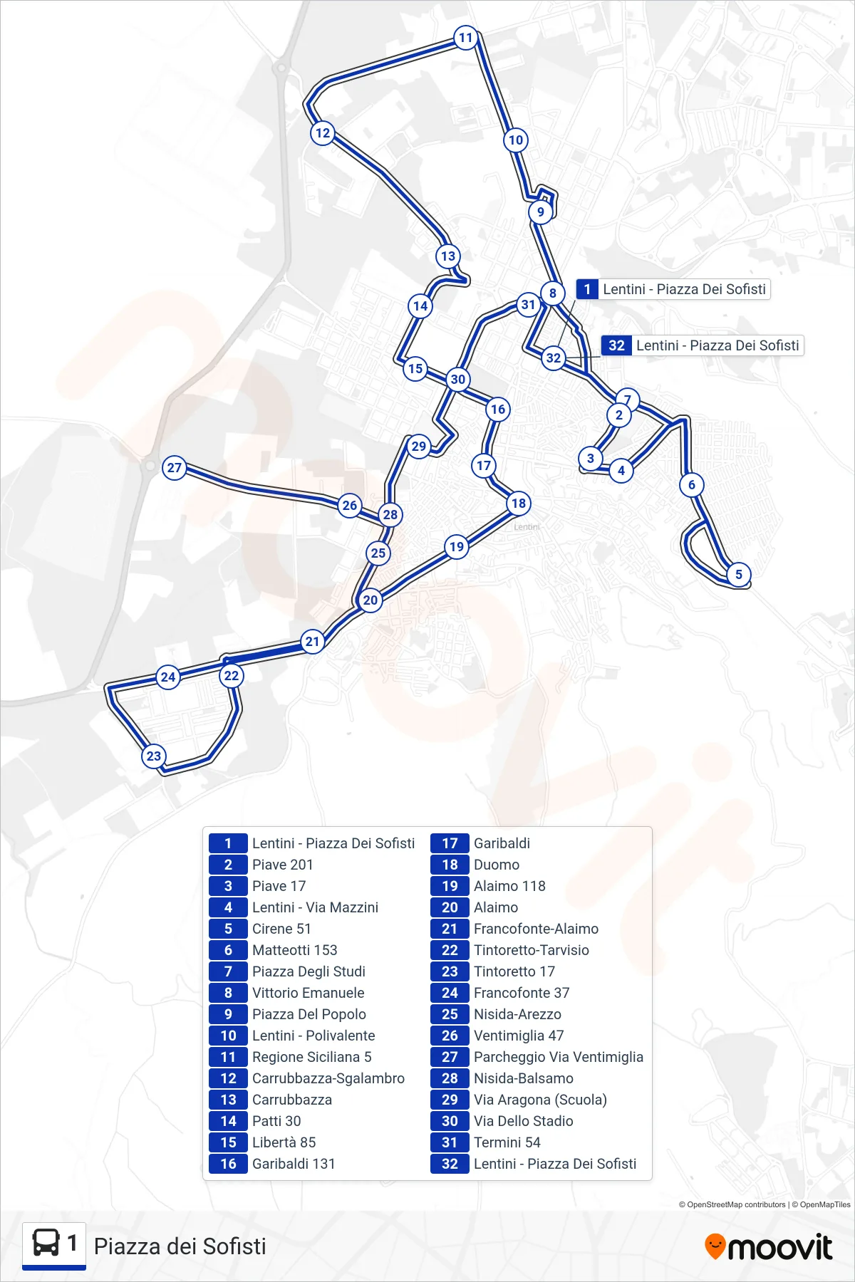Linea 1 bus (Piazza dei Sofisti) - Percorsi e fermate sulla mappa