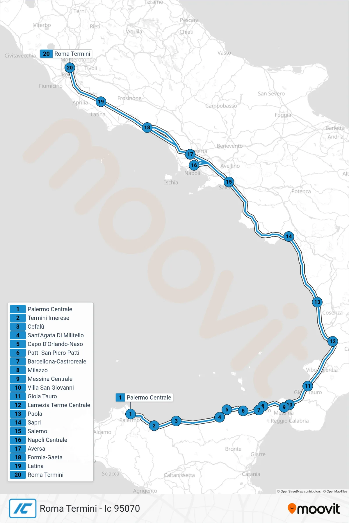 Linea IC treno (Roma Termini - Ic 95070) - Percorsi e fermate sulla mappa