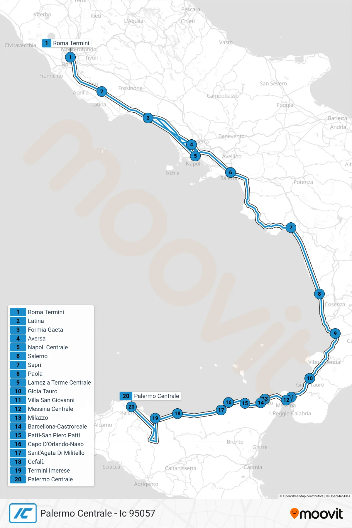 Linea IC  treno (Palermo Centrale - Ic 95057) - Percorsi e fermate sulla mappa
