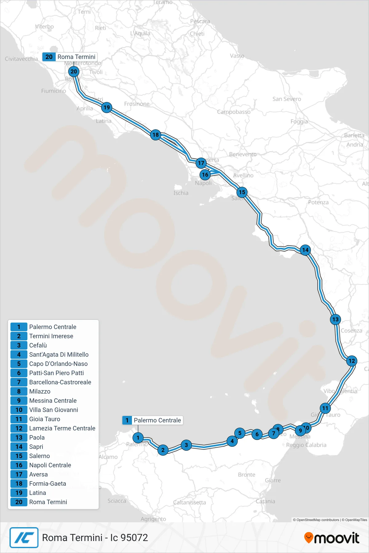 Linea IC treno (Roma Termini - Ic 95072) - Percorsi e fermate sulla mappa