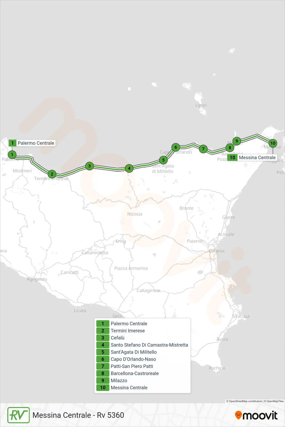 Linea RV treno (Messina Centrale - Rv 5360) - Percorsi e fermate sulla mappa