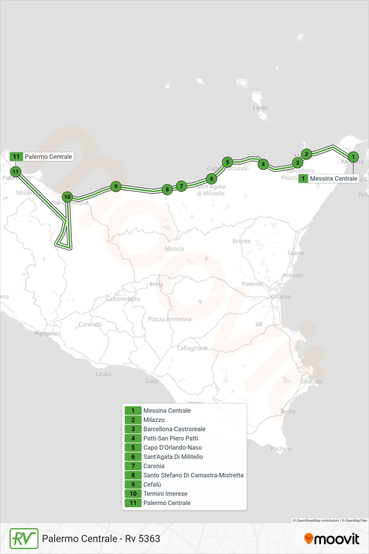 Linea RV treno (Palermo Centrale - Rv 5363) - Percorsi e fermate sulla mappa