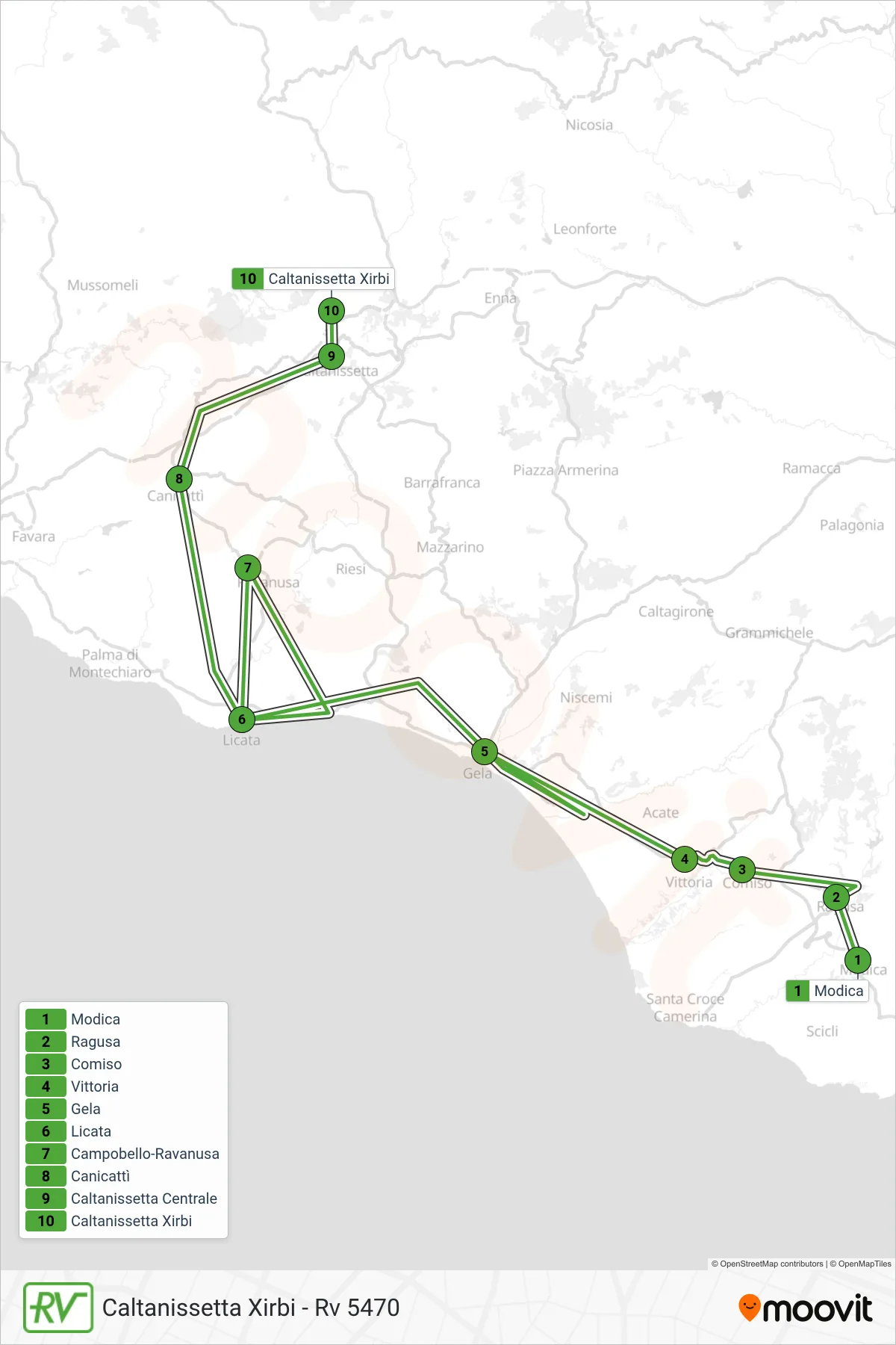 Linea RV  treno (Caltanissetta Xirbi - Rv 5470) - Percorsi e fermate sulla mappa