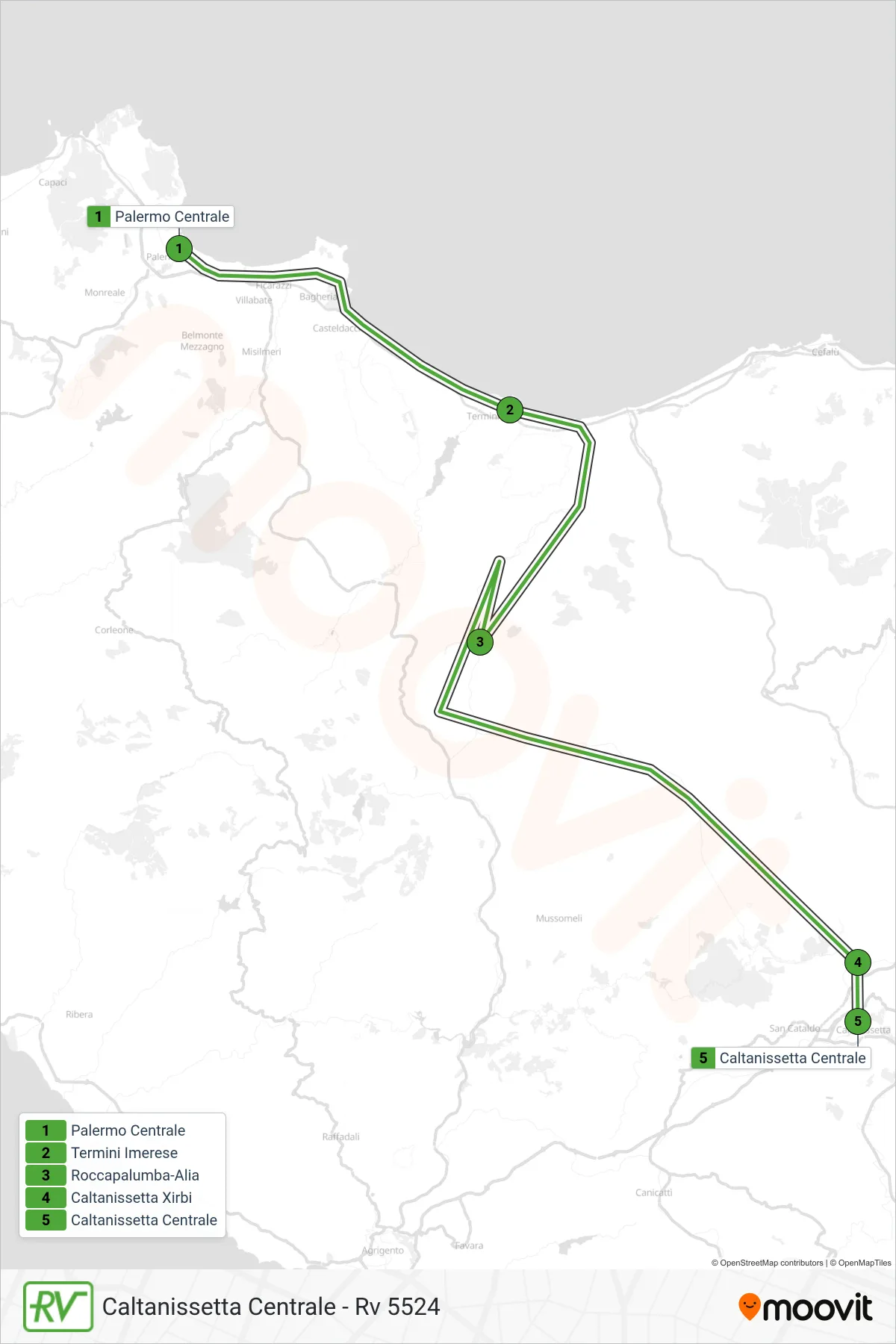 Linea RV  treno (Caltanissetta Centrale - Rv 5524) - Percorsi e fermate sulla mappa