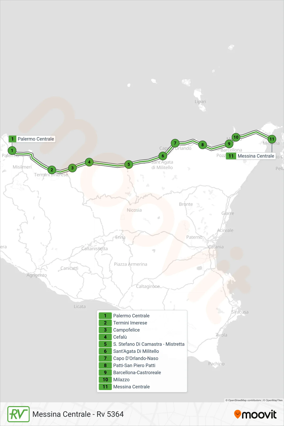 Linea RV treno (Messina Centrale - Rv 5364) - Percorsi e fermate sulla mappa
