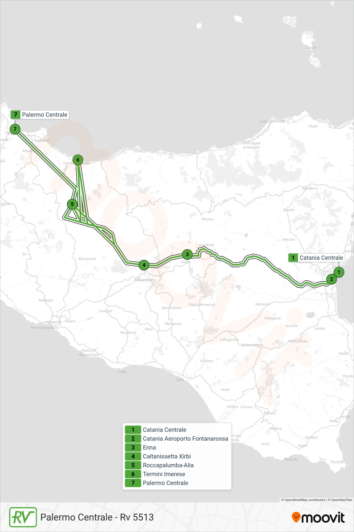 Linea RV  treno (Palermo Centrale - Rv 5513) - Percorsi e fermate sulla mappa