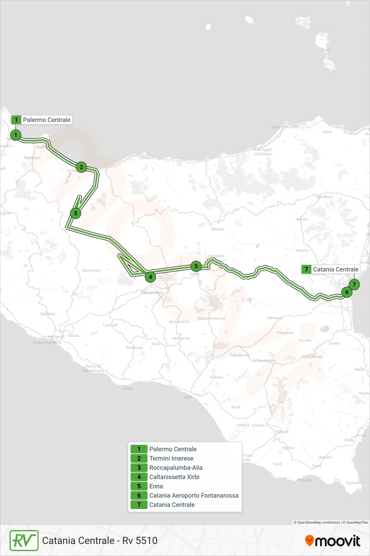 Linea RV treno (Catania Centrale - Rv 5510) - Percorsi e fermate sulla mappa